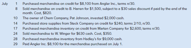 Purchased merchandise on credit for $8,100 from Angler Inc., terms n/30. 8 Sold merchandise on credit to B. Harren for $